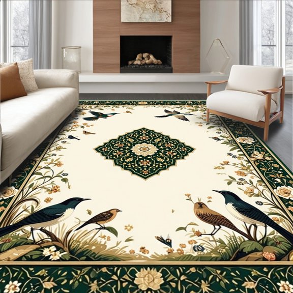 Flatwoven High Traffic Area Rug, Farmhouse Whimsy Animal Medallion Round, Non Slip, Stain Resistant, Washable Area Rugs for Living Room, Bedroom(Green, 2X3)