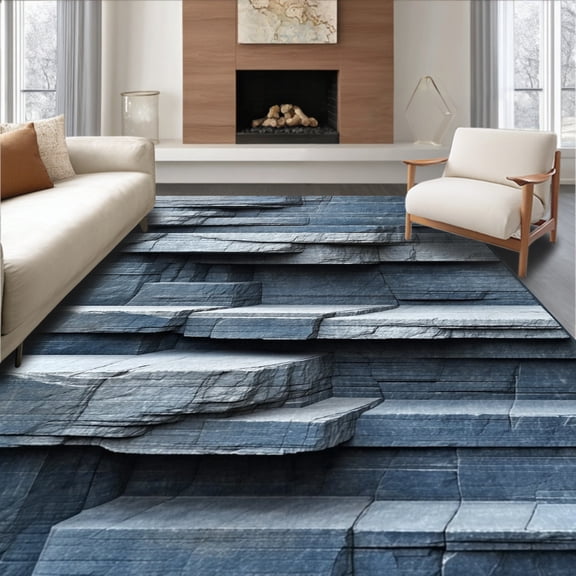 Flatwoven High Traffic Area Rug, Fast Drying Stone Effect Bathroom Carpet Absorbent Floor Rug, Non Slip, Stain Resistant, Washable Area Rugs for Living Room, Bedroom(Blue, 2X3)