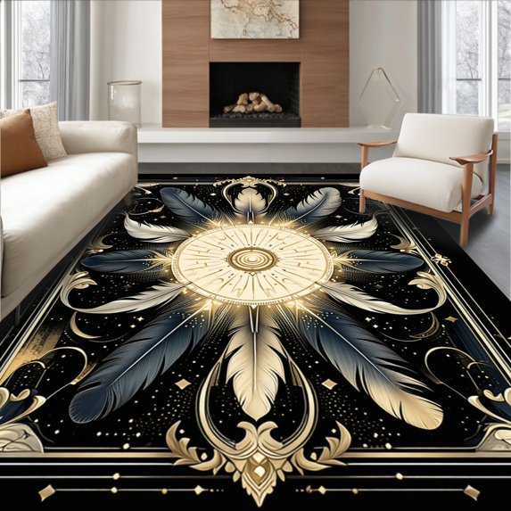 Flatwoven High Traffic Area Rug, Feather Medallion with Classic Black Canvas and Gold Detailing, Non Slip, Stain Resistant, Washable Area Rugs for Living Room, Bedroom(Gold, 5X7)
