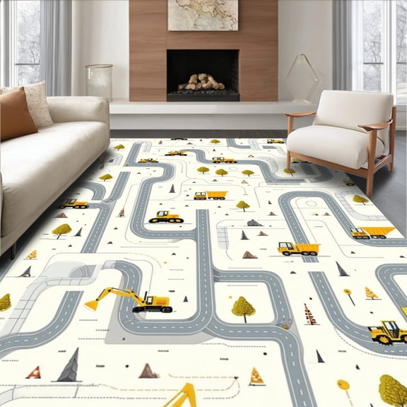 ODIKA 4'x6' Machine Washable Non-Slip Area Rug, Featuring Roadways and Construction Equipment High Traffic Rug, Gray, 85584