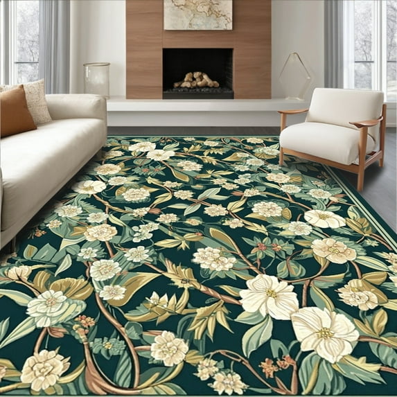 ODIKA 4'x6' Machine Washable Non-Slip Area Rug, Featuring Stylized Garden Florals and Leafy High Traffic Rug, Dark Green, 84068