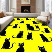 ODIKA 5x7 Machine Washable Non-Slip Area Rug, Feline Charm with Playful Cat and Bold Yellow Accents High Traffic Rug, Yellow, 102176
