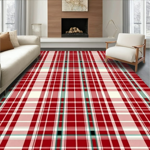 ODIKA 8'x10' Machine Washable Non-Slip Area Rug, Classic Tartan Plaid Interlocking Heritage Holiday Charm High Traffic Rug, Red, 509333