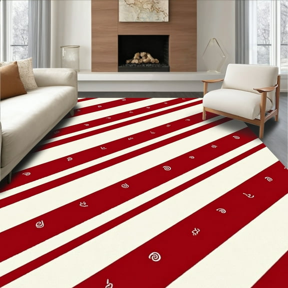 Flatwoven High Traffic Area Rug, Festive Diagonal Striped Christmas with Whimsical Swirling Snowflakes, Non Slip, Stain Resistant, Washable Area Rugs for Living Room, Bedroom(Red, 4x6)