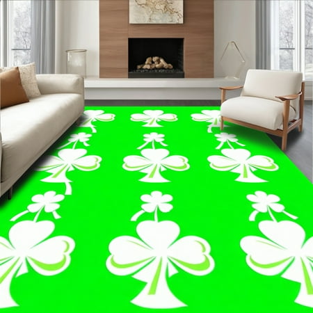 ODIKA 4'x6' Machine Washable Non-Slip Area Rug, Festive Gnome Shamrock Motif High Traffic Rug, White, 8888
