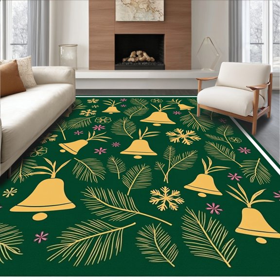 ODIKA 5'x7' Machine Washable Non-Slip Area Rug, Evergreen Bough Interlocking Sleigh Bell Mosaic High Traffic Rug, Green, 502196