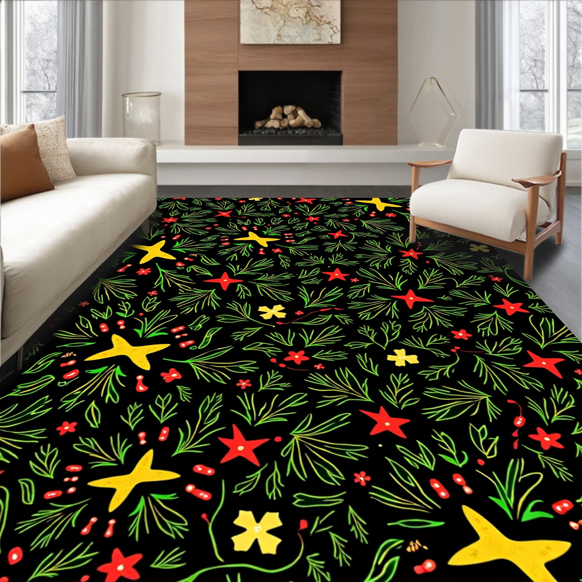 Flatwoven High Traffic Area Rug, Festive Holly Berries Golden Stars ...