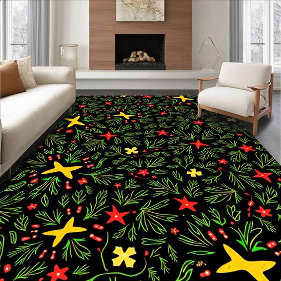 ODIKA 4'x6' Machine Washable Non-Slip Area Rug, Holiday Cat Antics with Lively Light Strings and Joyful Whisker High Traffic Rug, Black, 508891