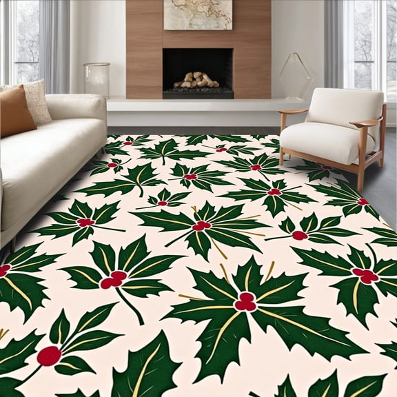 ODIKA 5'x7' Machine Washable Non-Slip Area Rug, Holly Leaf Wreath Traditional Yuletide Artwork High Traffic Rug, Green, 501623