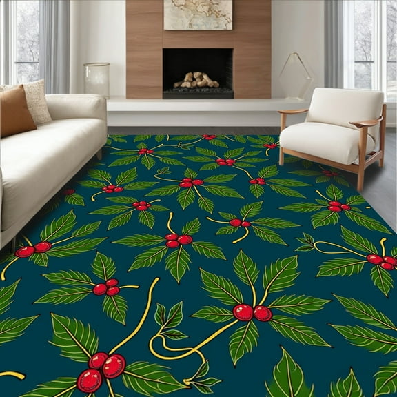 ODIKA 8'x10' Machine Washable Non-Slip Area Rug, Festive Holly Vine with Rubber Backing High Traffic Rug, Teal, 502187