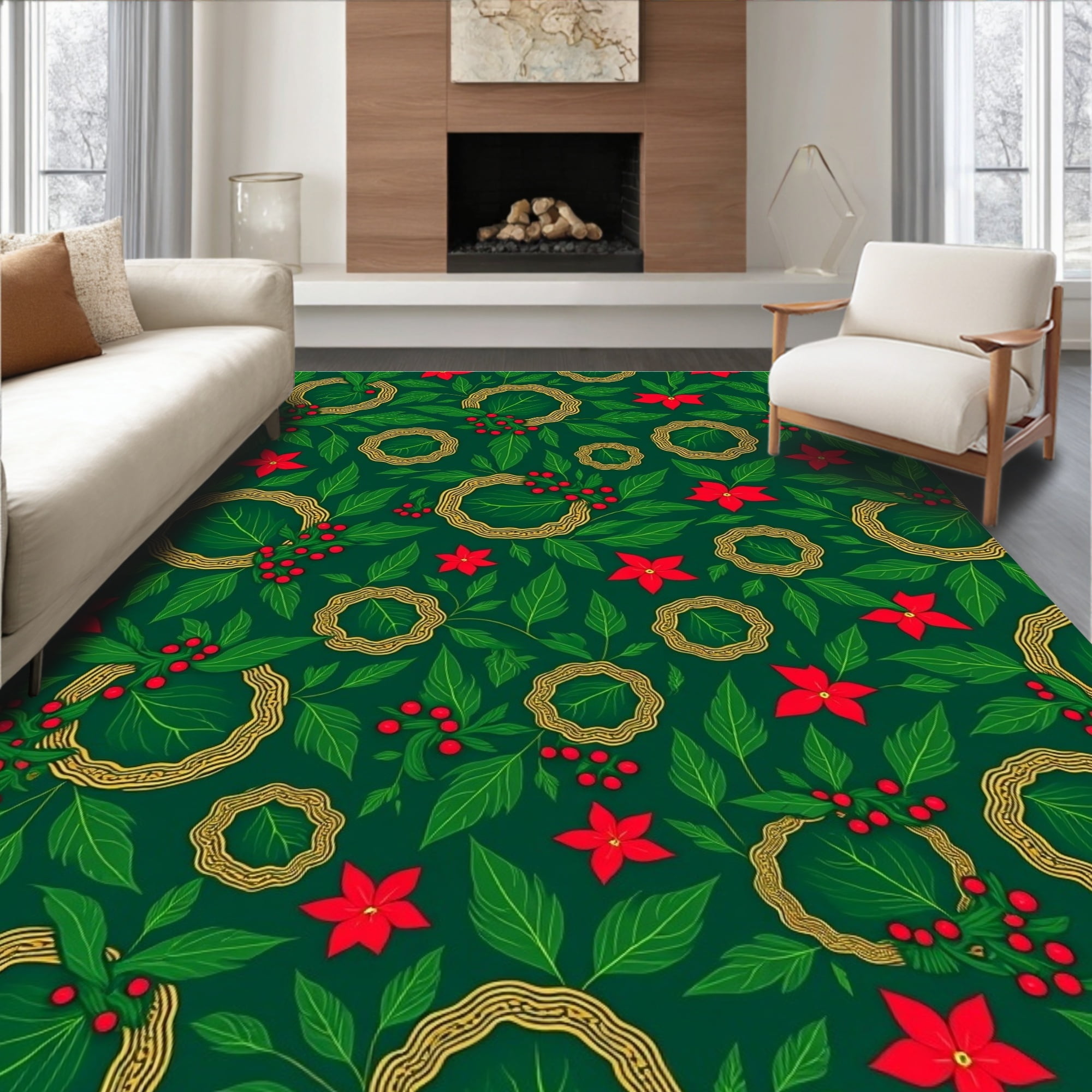 Flatwoven High Traffic Area Rug, Festive Holly Wreath Poinsettia ...