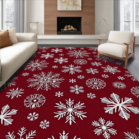 ODIKA 4'x6' Machine Washable Non-Slip Area Rug, Vintage Snowflake Christmas Entrance Winter Door Covering High Traffic Rug, Red, 504055