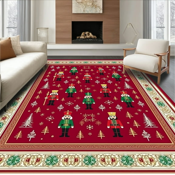ODIKA 4'x6' Machine Washable Non-Slip Area Rug, Vintage Nutcracker Parade Whimsical Celebration High Traffic Rug, Red, 509505