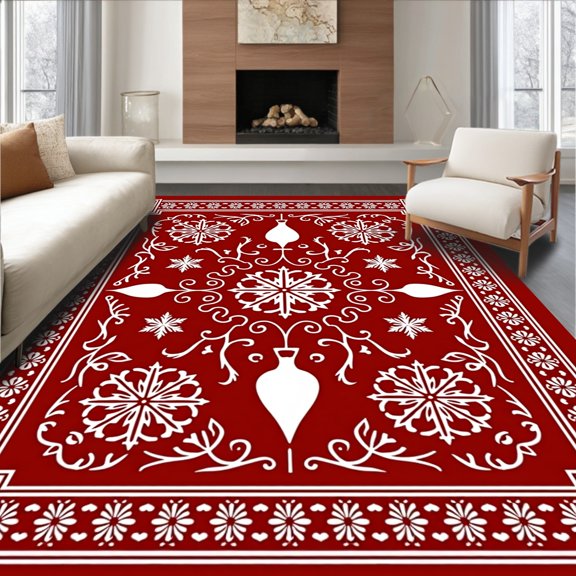 ODIKA 4'x6' Machine Washable Non-Slip Area Rug, Festive Holiday Aisle with Vintage Ornament Motifs and Snowflake Accents High Traffic Rug, Red, 502103