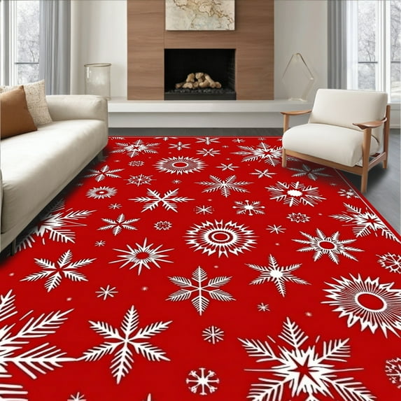ODIKA 5'x7' Machine Washable Non-Slip Area Rug, Holiday Snowflake Winter Wonderland Festive Floor High Traffic Rug, Red, 509343