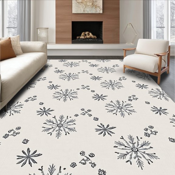 ODIKA 4'x6' Machine Washable Non-Slip Area Rug, Elegant Snowflake Winter Wonderland Festive Holiday Accent High Traffic Rug, Beige, 507463