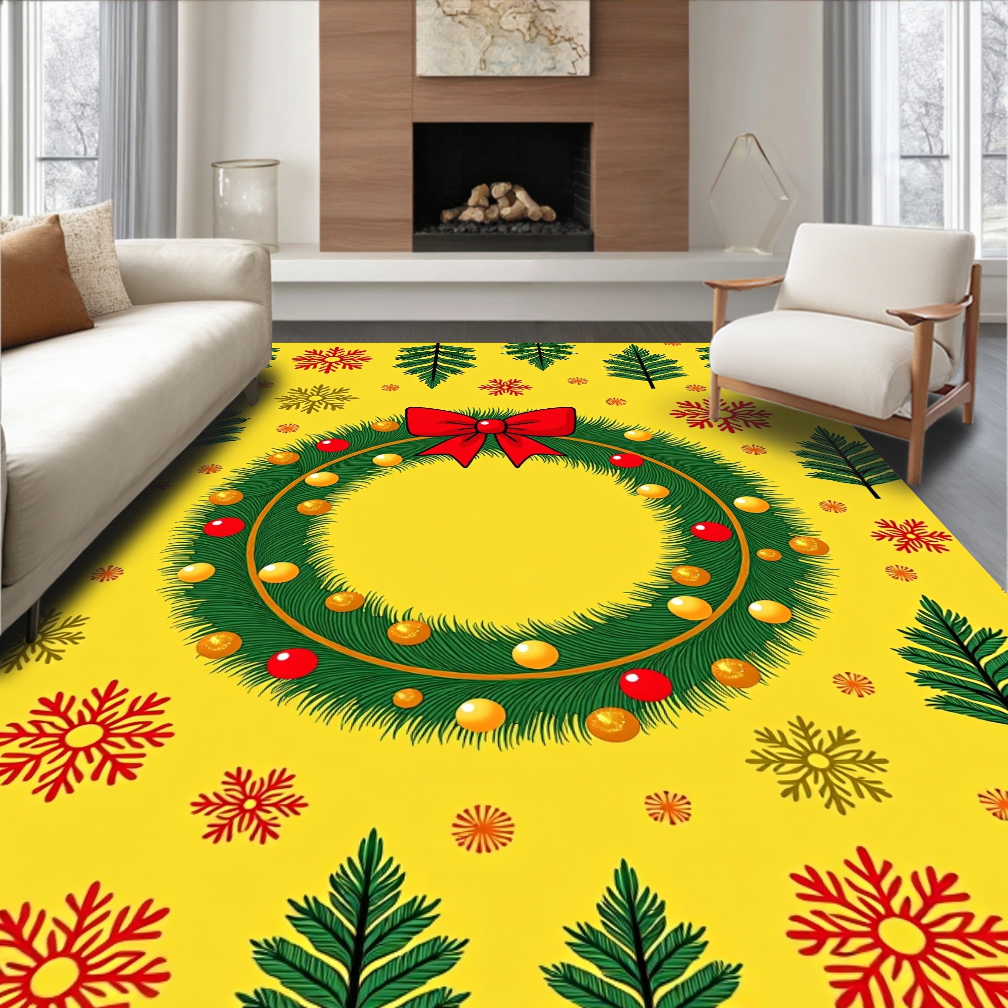 Flatwoven High Traffic Area Rug, Festive Wreath Trees Snowflakes ...