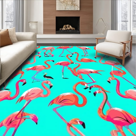 ODIKA 6'x9' Machine Washable Non-Slip Area Rug, Flamingo Fun Doormat Playful Summer for High Traffic Rug, Blue, 99174