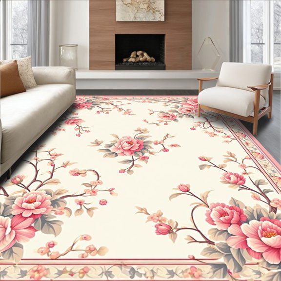 Flatwoven High Traffic Area Rug, Floral Accent, Non Slip, Stain Resistant, Washable Area Rugs for Living Room, Bedroom(Ivory, 2X3)