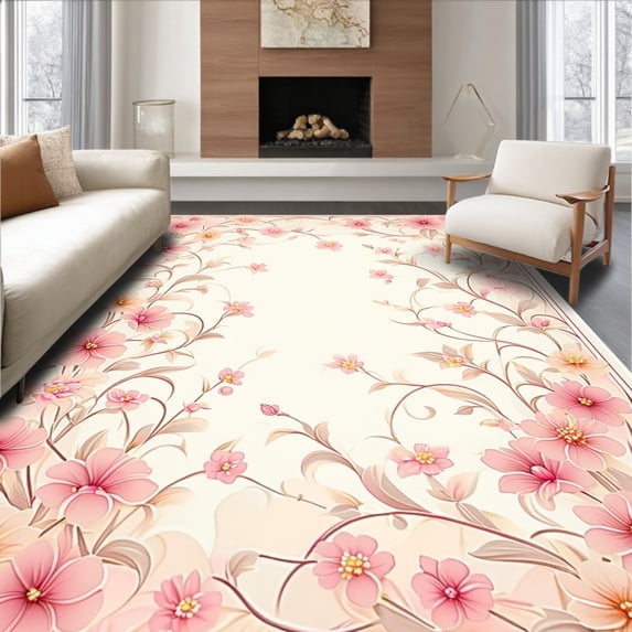 ODIKA 5'x7' Machine Washable Non-Slip Area Rug, Floral Boho with Edges and Subtle Daisy Motifs High Traffic Rug, Beige, 87181