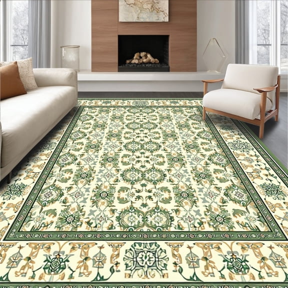 Flatwoven High Traffic Area Rug, Floral Border Modern Sage Green, Non Slip, Stain Resistant, Washable Area Rugs for Living Room, Bedroom(Ivory, 6X9)