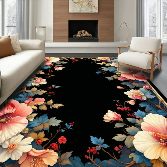 ODIKA 3'x5' Machine Washable Non-Slip Area Rug, Floral Cascade Noir Botanical Print High Traffic Rug, Coral, 217681