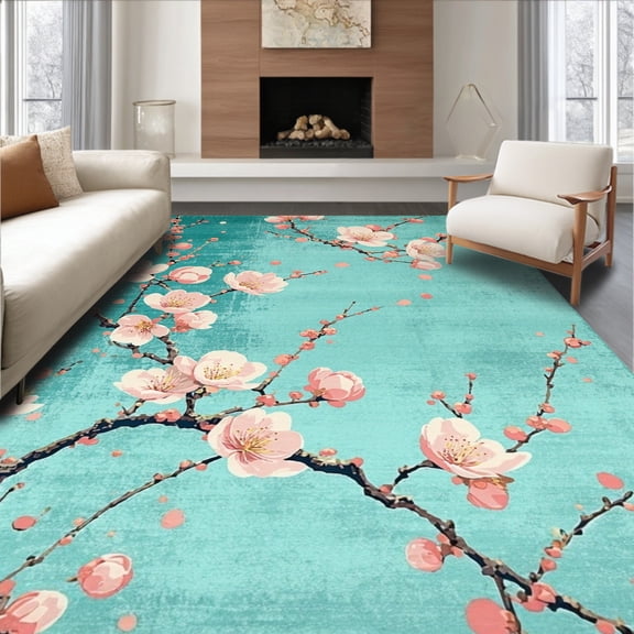 Flatwoven High Traffic Area Rug, Floral Cherry Blossom Rug with Artistic Branch Patterns, Non Slip, Stain Resistant, Washable Area Rugs for Living Room, Bedroom(Blue, 2X3)