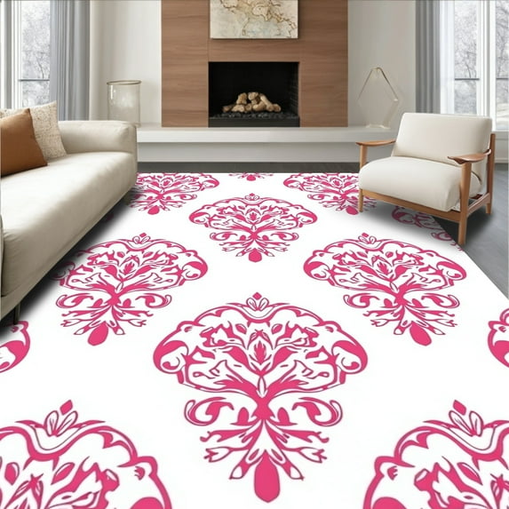 Flatwoven High Traffic Area Rug, Floral Damask Pink, Non Slip, Stain ...