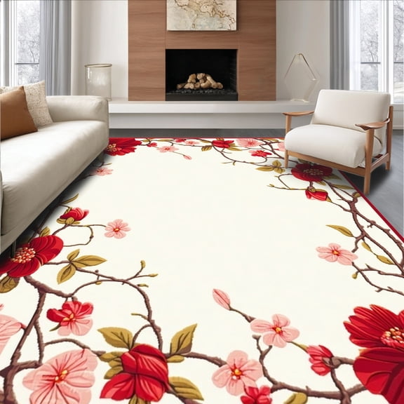 ODIKA 8'x10' Machine Washable Non-Slip Area Rug, Floral Fairyland High Traffic Rug, Red, 157053