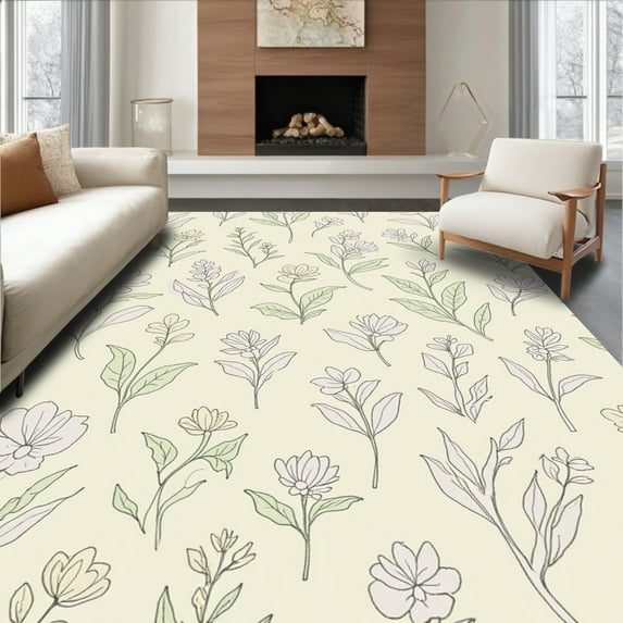 ODIKA 5'x7' Machine Washable Non-Slip Area Rug, Floral Farmhouse Chic Animal Accent High Traffic Rug, Ivory, 317448