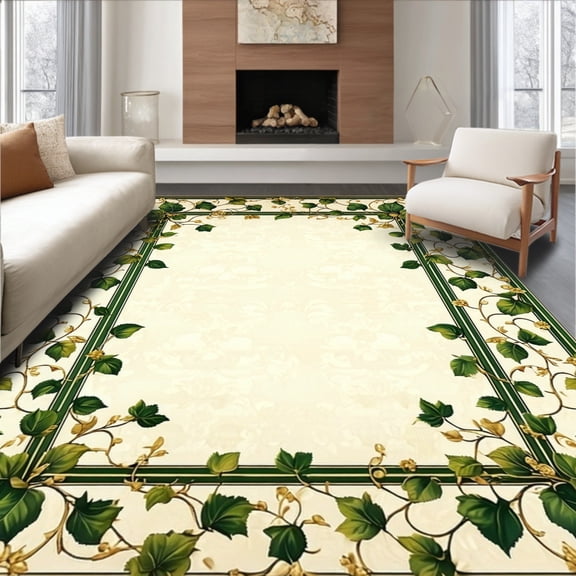 Flatwoven High Traffic Area Rug, Floral Green Ivy and Gold, Non Slip, Stain Resistant, Washable Area Rugs for Living Room, Bedroom(Beige, 2X3)