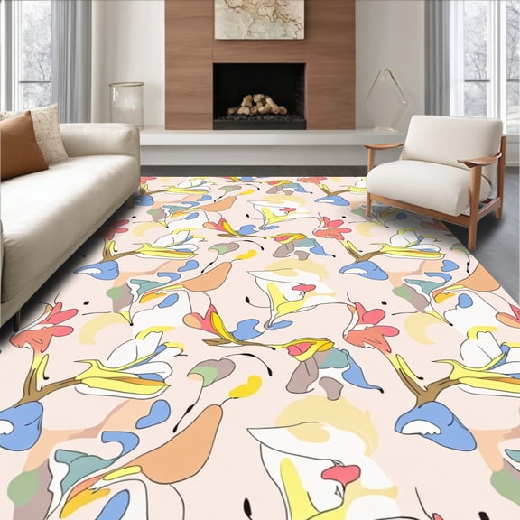Flatwoven High Traffic Area Rug, Floral Inspired with Muted Rainbow Hues and Abstract Petal Motifs, Non Slip, Stain Resistant, Washable Area Rugs for Living Room, Bedroom(Yellow, 2X3)