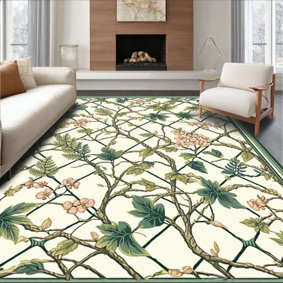 Flatwoven High Traffic Area Rug, Floral Latticework Featuring Stylized Ferns and Curved Vine Motifs, Non Slip, Stain Resistant, Washable Area Rugs for Living Room, Bedroom(Ivory, 6X9)