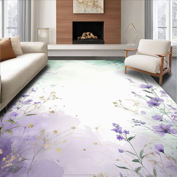 ODIKA 4'x6' Machine Washable Non-Slip Area Rug, Floral Lavender Field Watercolor High Traffic Rug, Purple, 186834