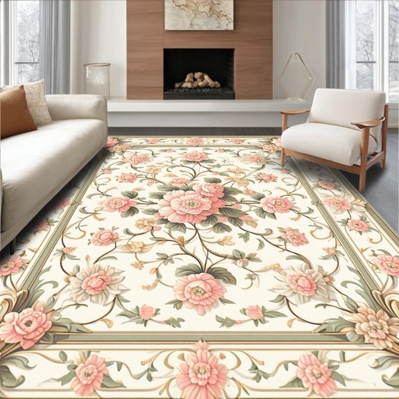 Flatwoven High Traffic Area Rug, Floral Medallion Bouquet with Scrolling Vinework and Petite Blossoms, Non Slip, Stain Resistant, Washable Area Rugs for Living Room, Bedroom(Pink, 2X3)