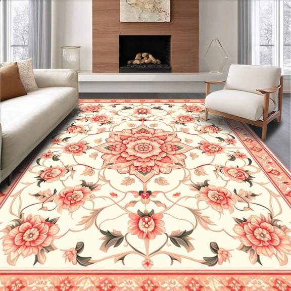 ODIKA 6'x9' Machine Washable Non-Slip Area Rug, Floral Medallion Ornamental Template Inspired Design High Traffic Rug, Peach, 171018
