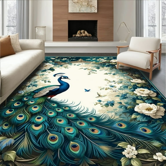ODIKA 4'x6' Machine Washable Non-Slip Area Rug, Floral Peacock High Traffic Rug, Blue, 68843