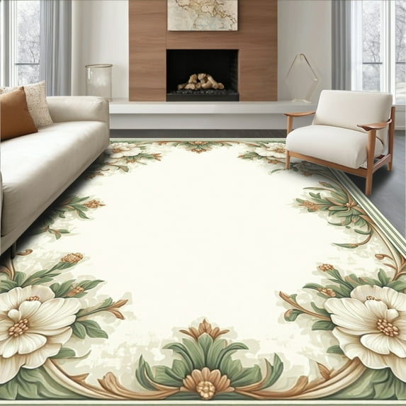 ODIKA 4'x6' Machine Washable Non-Slip Area Rug, Floral Relief with Sage Green and Bronze Details High Traffic Rug, Beige, 88808