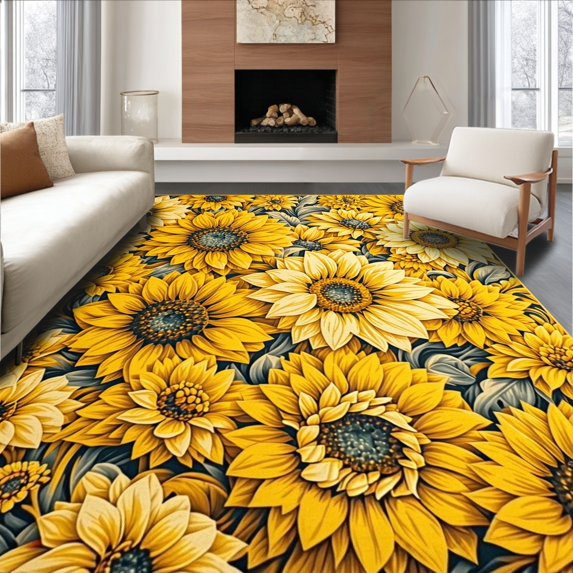 Flatwoven High Traffic Area Rug, Floral Sunflower Runner Rug, Non Slip, Stain Resistant, Washable Area Rugs for Living Room, Bedroom(Yellow, 4X6)
