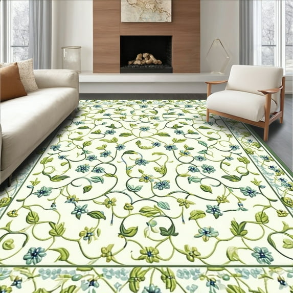 ODIKA 6'x9' Machine Washable Non-Slip Area Rug, Floral Vine with Leafy Scrollwork and Lush Botanical Motif High Traffic Rug, Beige, 56366