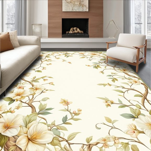Flatwoven High Traffic Area Rug, Floral Vine Patterned Runner, Non Slip, Stain Resistant, Washable Area Rugs for Living Room, Bedroom(Ivory, 2X3)