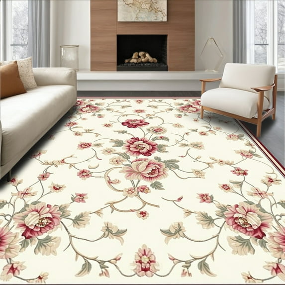 ODIKA 2'x3' Machine Washable Non-Slip Area Rug, Floral Vine High Traffic Rug, Ivory, 205719