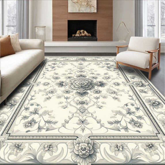 ODIKA 4'x6' Machine Washable Non-Slip Area Rug, Floral Vinework With Intertwined Petal Motifs And Medallion High Traffic Rug, Ivory, 65236