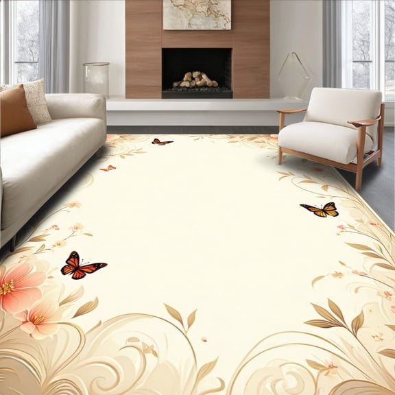 Flatwoven High Traffic Area Rug, Floral with Butterfly Motifs, Non Slip, Stain Resistant, Washable Area Rugs for Living Room, Bedroom(Beige, 4X6)