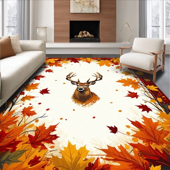 Flatwoven High Traffic Area Rug, Forest Deer & Maple Leaf Cabin Floor Mat Autumnal Lodge Vibes, Non Slip, Stain Resistant, Washable Area Rugs for Living Room, Bedroom(Red, 2X3)