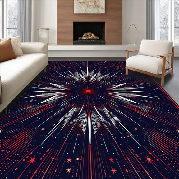ODIKA 8'x10' Machine Washable Non-Slip Area Rug, Freedom Celebration with Fireworks Burst for Festivities High Traffic Rug, Black, 99230