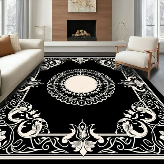 ODIKA 4x6 Machine Washable Non-Slip Area Rug, Baroque High Traffic Rug, White, 237430