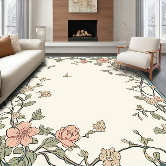 Flatwoven High Traffic Area Rug, French Provincial Botanical Scroll with Laurel Sprigs and Petal Motifs, Non Slip, Stain Resistant, Washable Area Rugs for Living Room, Bedroom(Peach, 6X9)