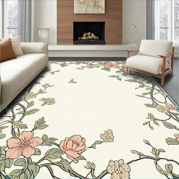 ODIKA 2'x3' Machine Washable Non-Slip Area Rug, French Provincial Botanical Scroll with Laurel Sprigs and Petal Motifs High Traffic Rug, Peach, 233027
