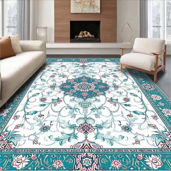 Flatwoven High Traffic Area Rug, Fresh Bloom Medallion Botanical Scrolls, Non Slip, Stain Resistant, Washable Area Rugs for Living Room, Bedroom(White, 5X7)